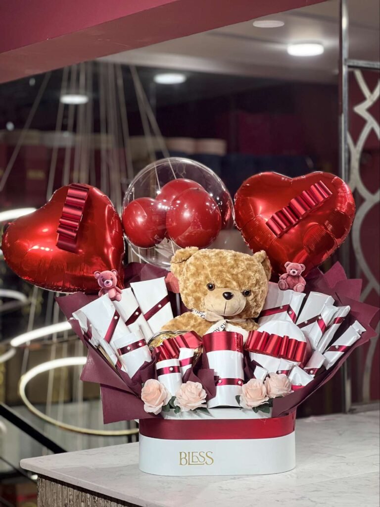 Red & White Teddy Bear Chocolate Hamper