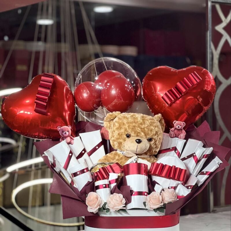 Red & White Teddy Bear Chocolate Hamper